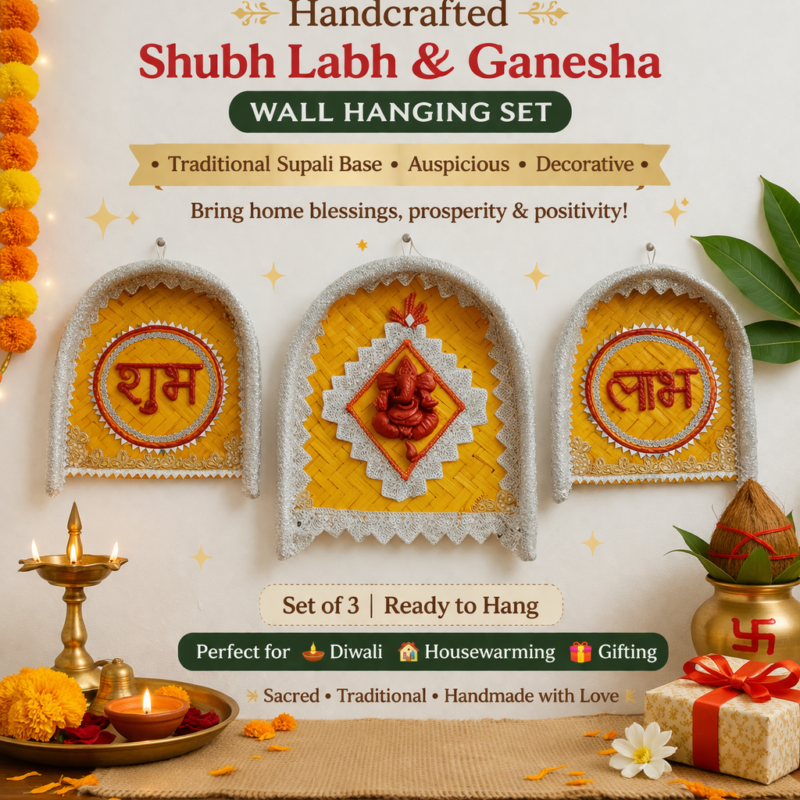 Handcrafted Shubh Labh & Ganesha Wall Hanging Set (Supali Base)